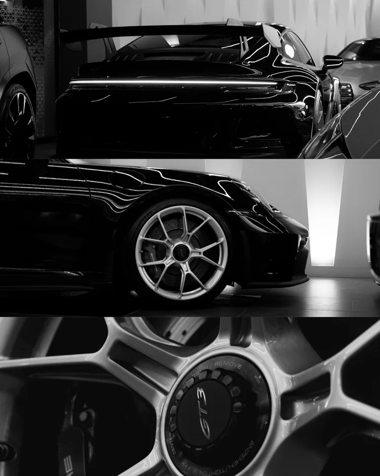 Black-and-white triptych of a Porsche 911 GT3: the rear wing, the side profile and a centre-lock wheel with a GT3 cap
