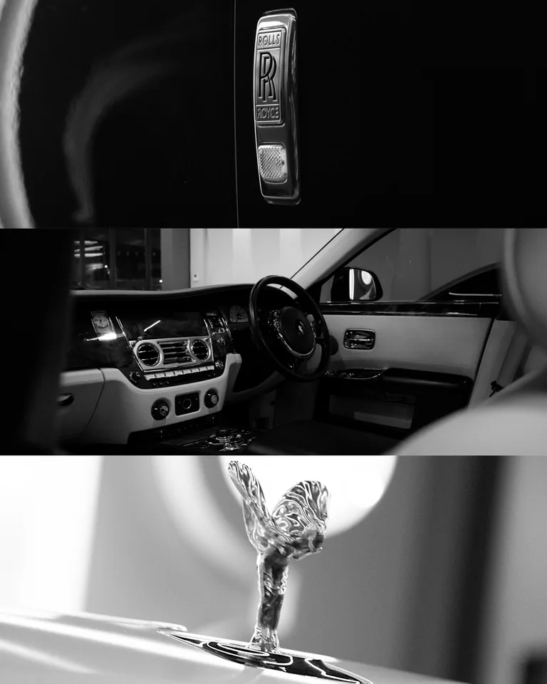 Black-and-white triptych of Rolls-Royce details: the door badge, the cabin and the Spirit of Ecstasy mascot